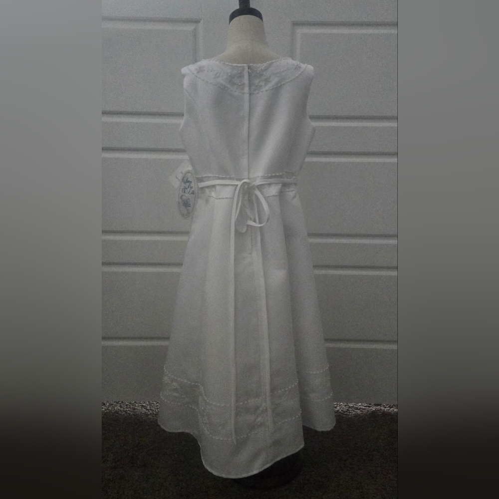 White Sleeveless Satin Girls Formal Baptism, Communion, or Flower Girl Dress - Picture 5 of 7